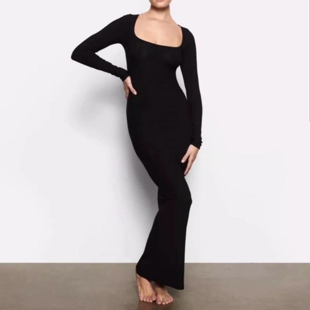 SKIMS Black Long Sleeve Square-Neck Maxi Dress